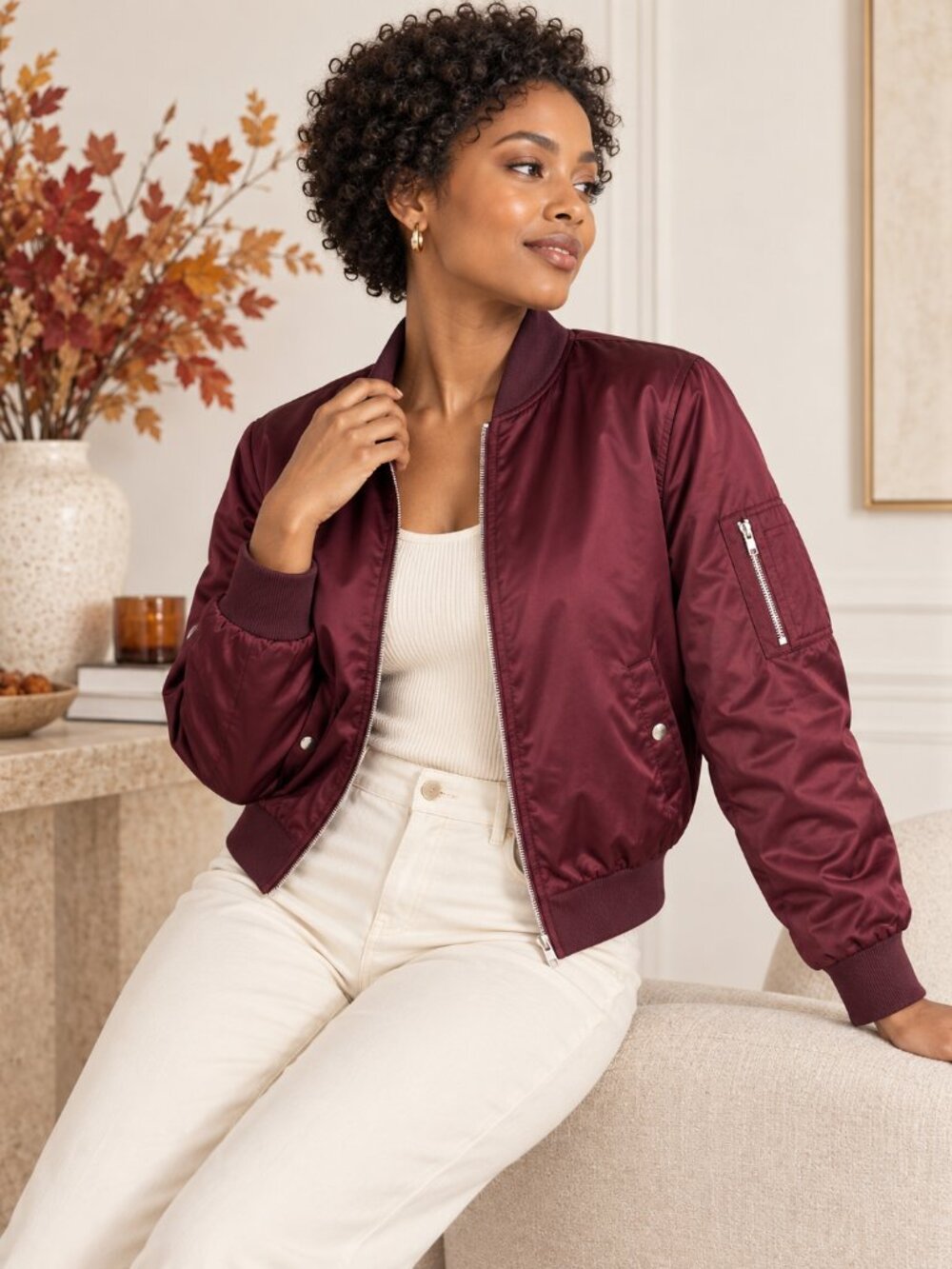 Burgundy Satin Bomber Jacket Zip Sleeve Pocket Size M